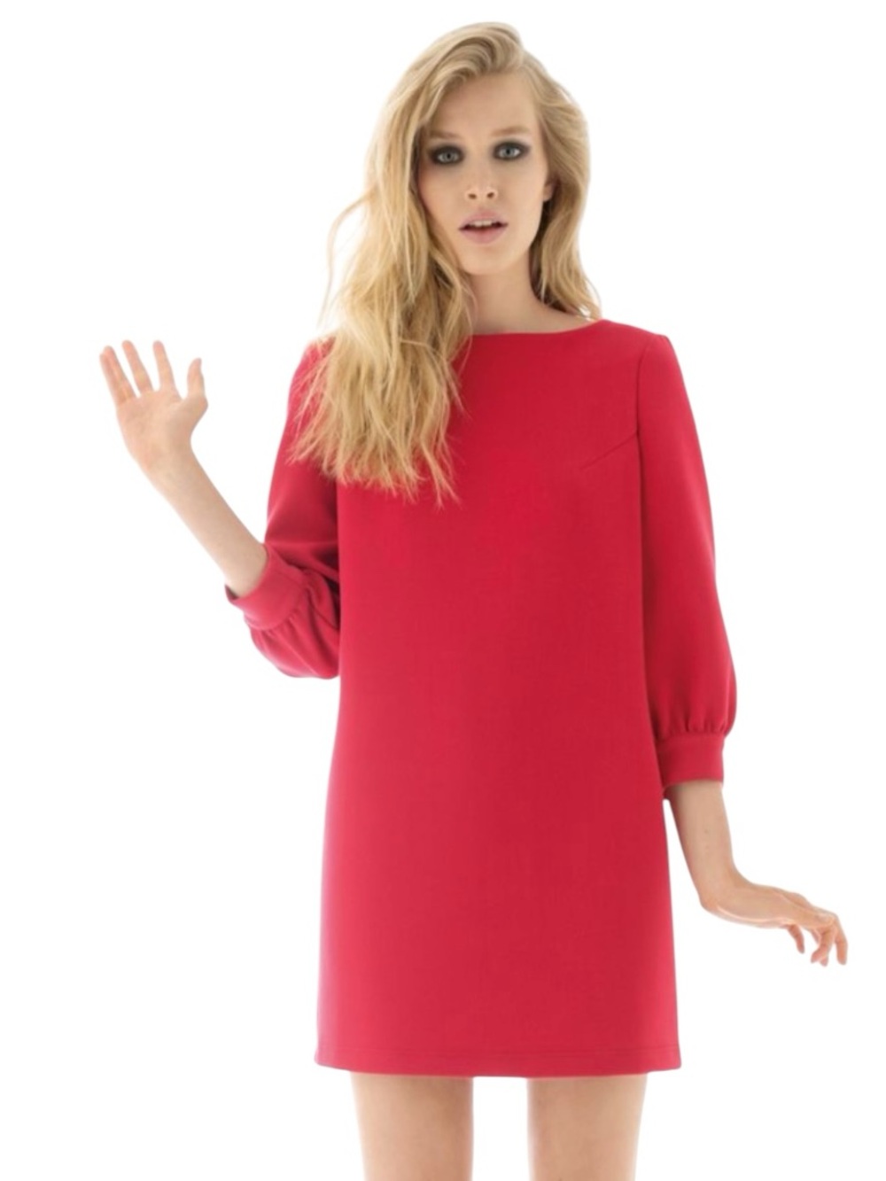 Vintage NAF NAF Red Long-Sleeve Boat Neck Shift Dress Sz 38 US 6